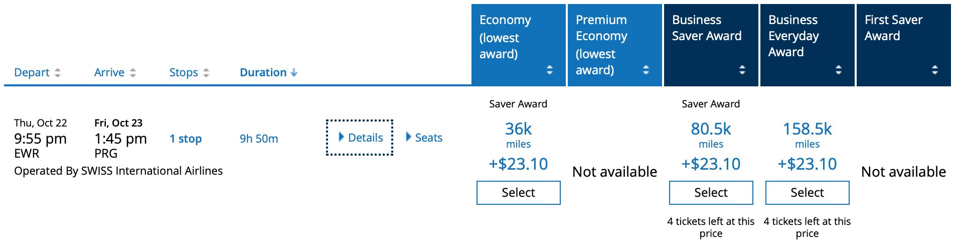 Finding Swiss Award Space on United's Website
