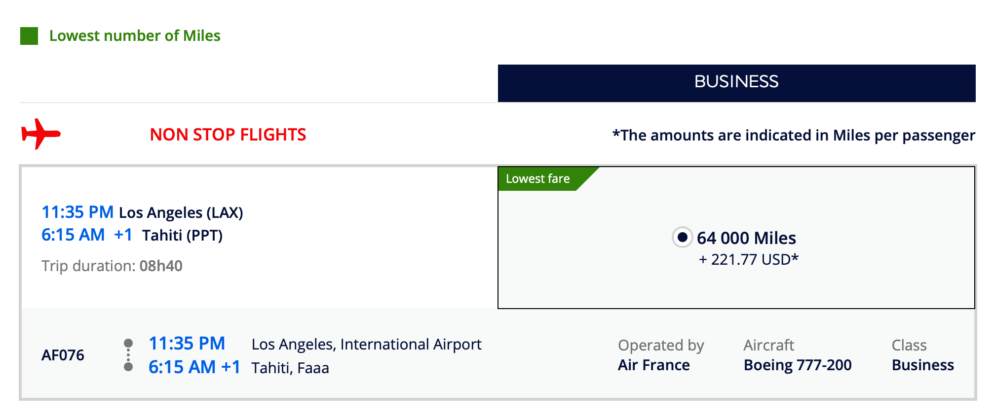 Flying Blue Award Pricing for LAX to PPT