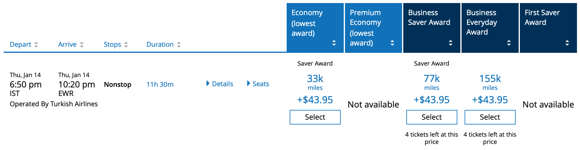 IST to EWR Turkish Airlines Pricing with United MileagePlus