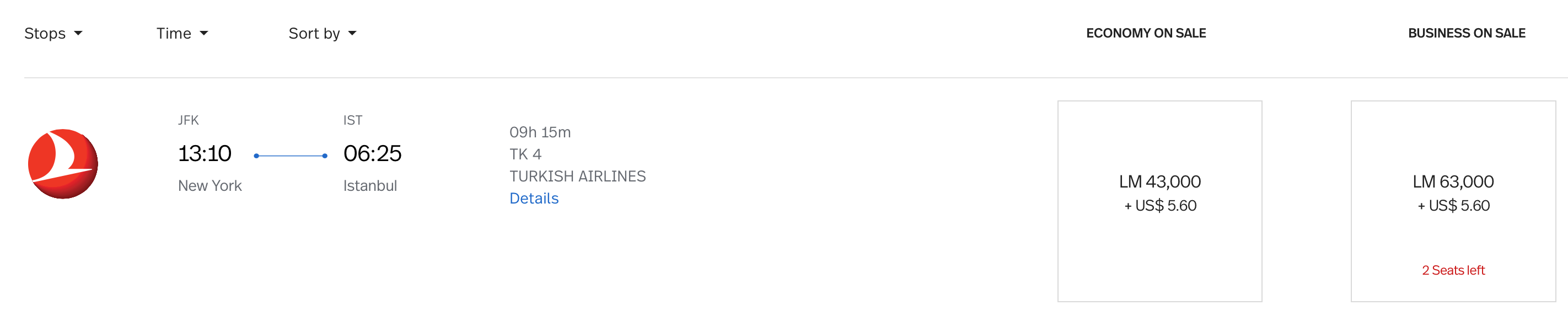 JFK to IST LifeMiles Price