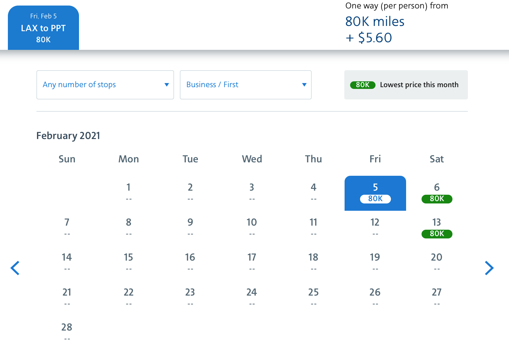 LAX to PPT Business Class Award Space