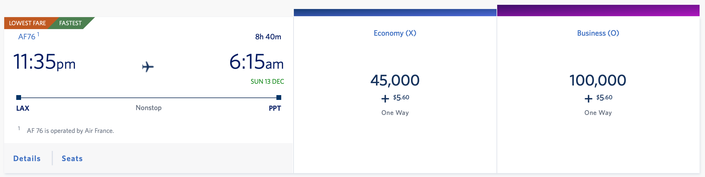 LAX to PPT Delta SkyMiles Pricing
