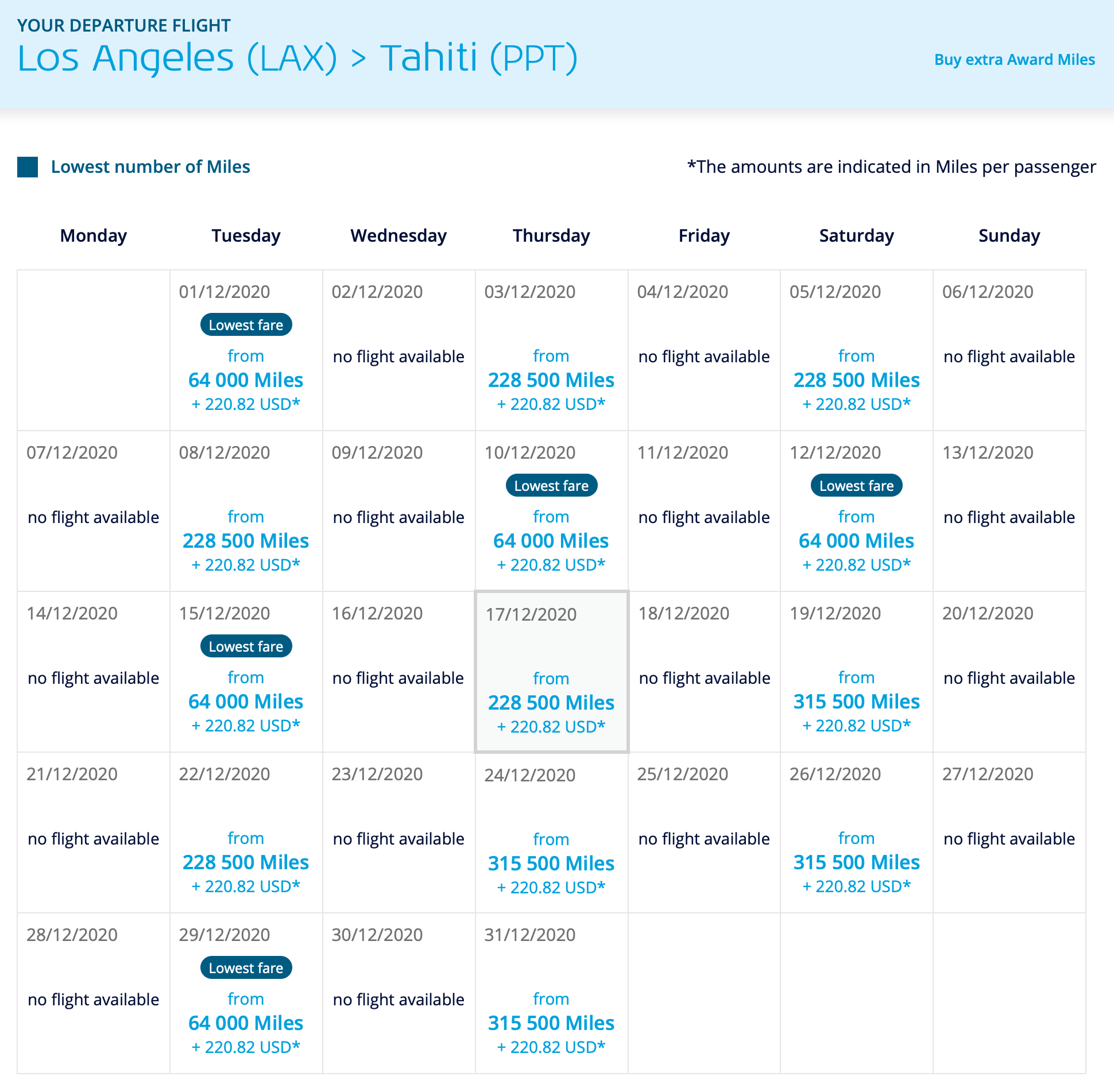 LAX to PPT Flying Blue Award Pricing Calendar
