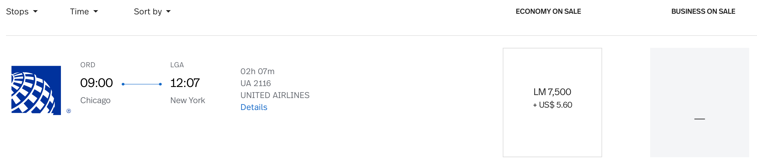 LGA to ORD LifeMiles Pricing on United Flight