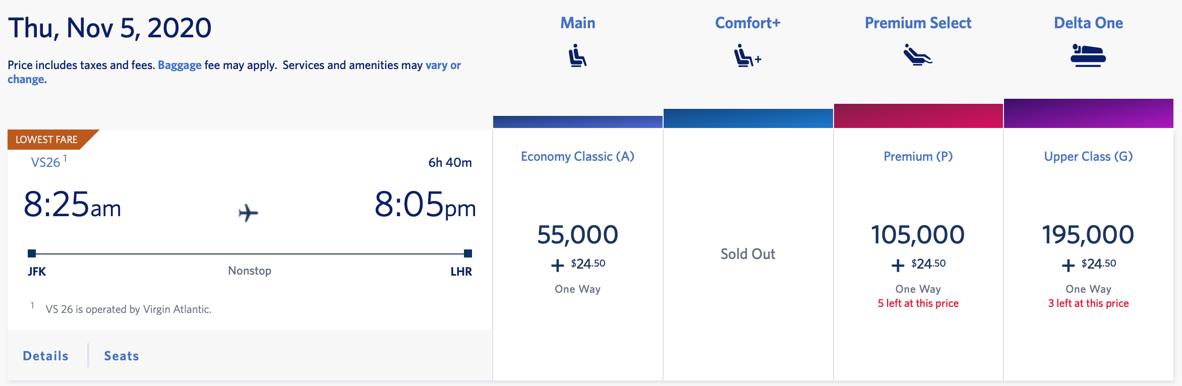 Last Minute Virgin Atlantic SkyMiles Pricing