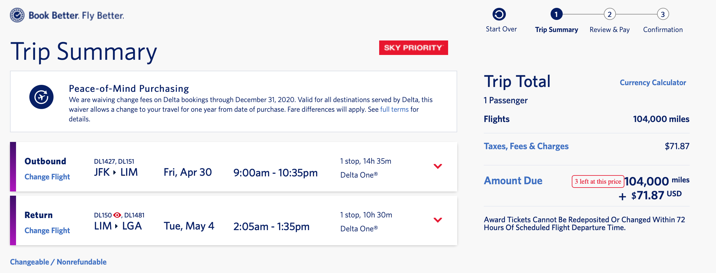NYC to LIM SkyMiles Price in Business Class