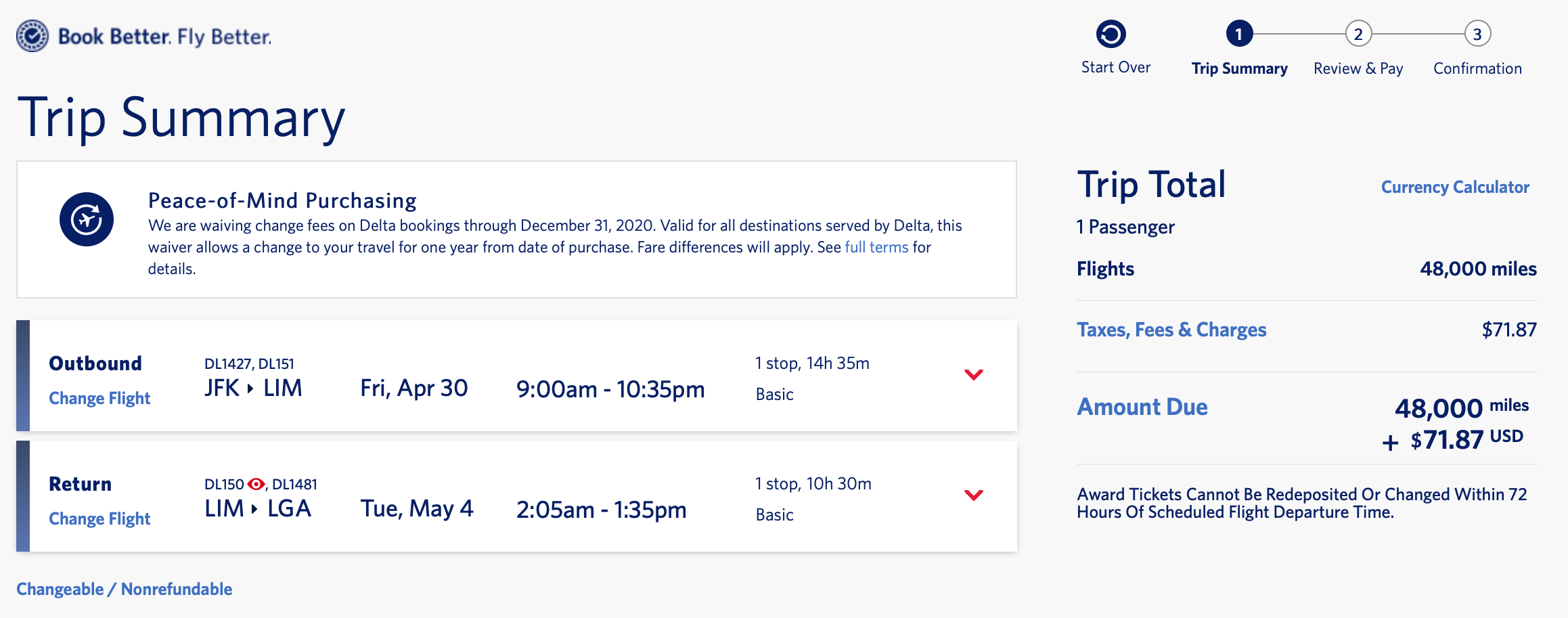 NYC to LIM SkyMiles Price in Economy