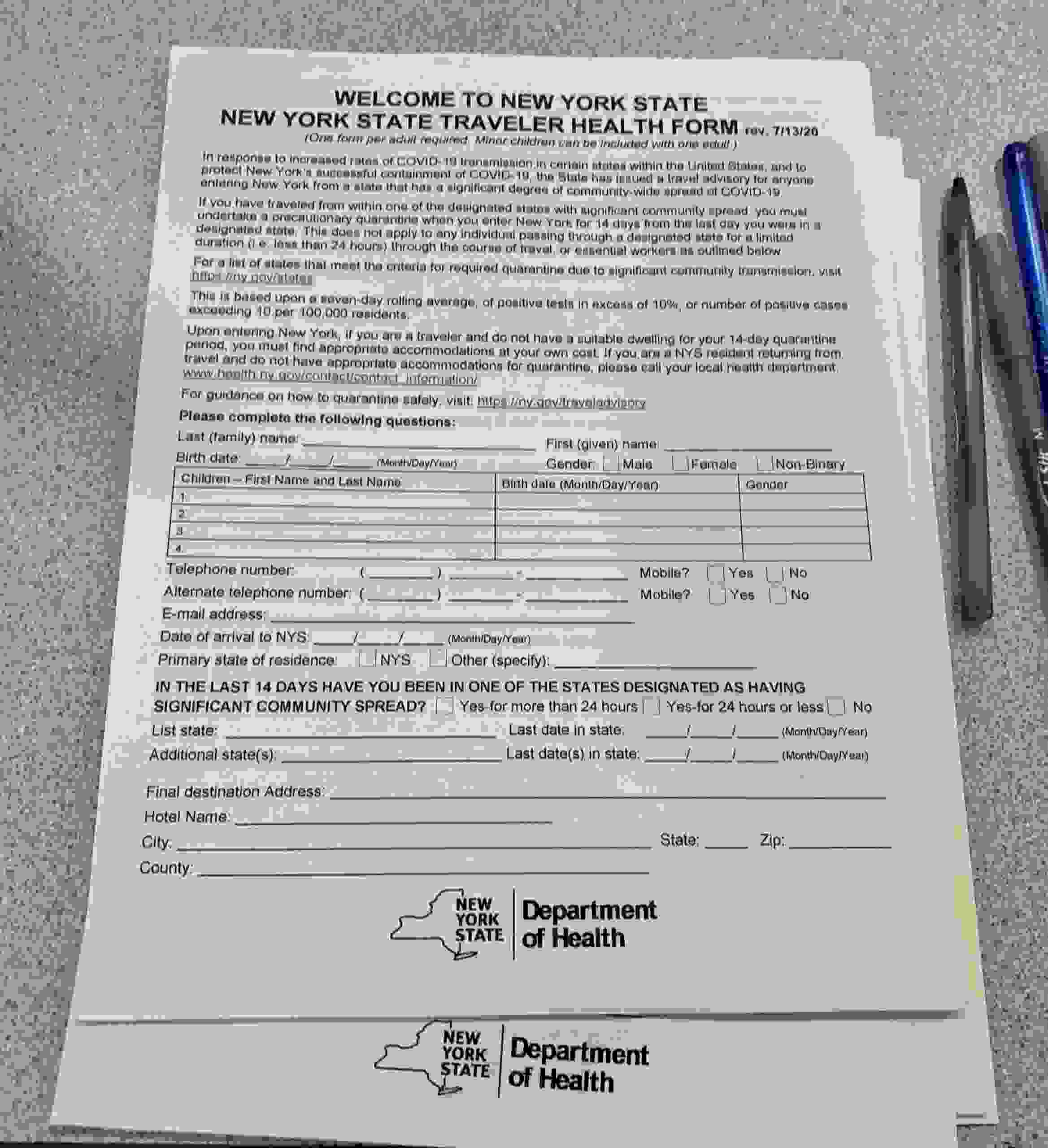 New York quarantine traveler health forms. (Photo by Clint Henderson/The Points Guy)