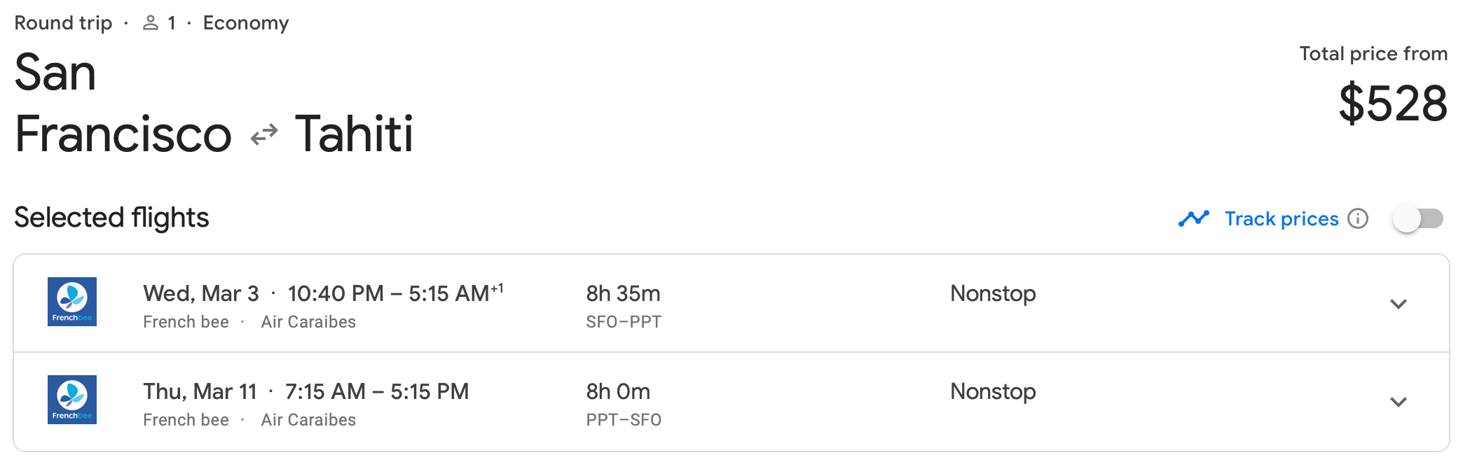 SFO to PPT French Bee Pricing on Google Flights