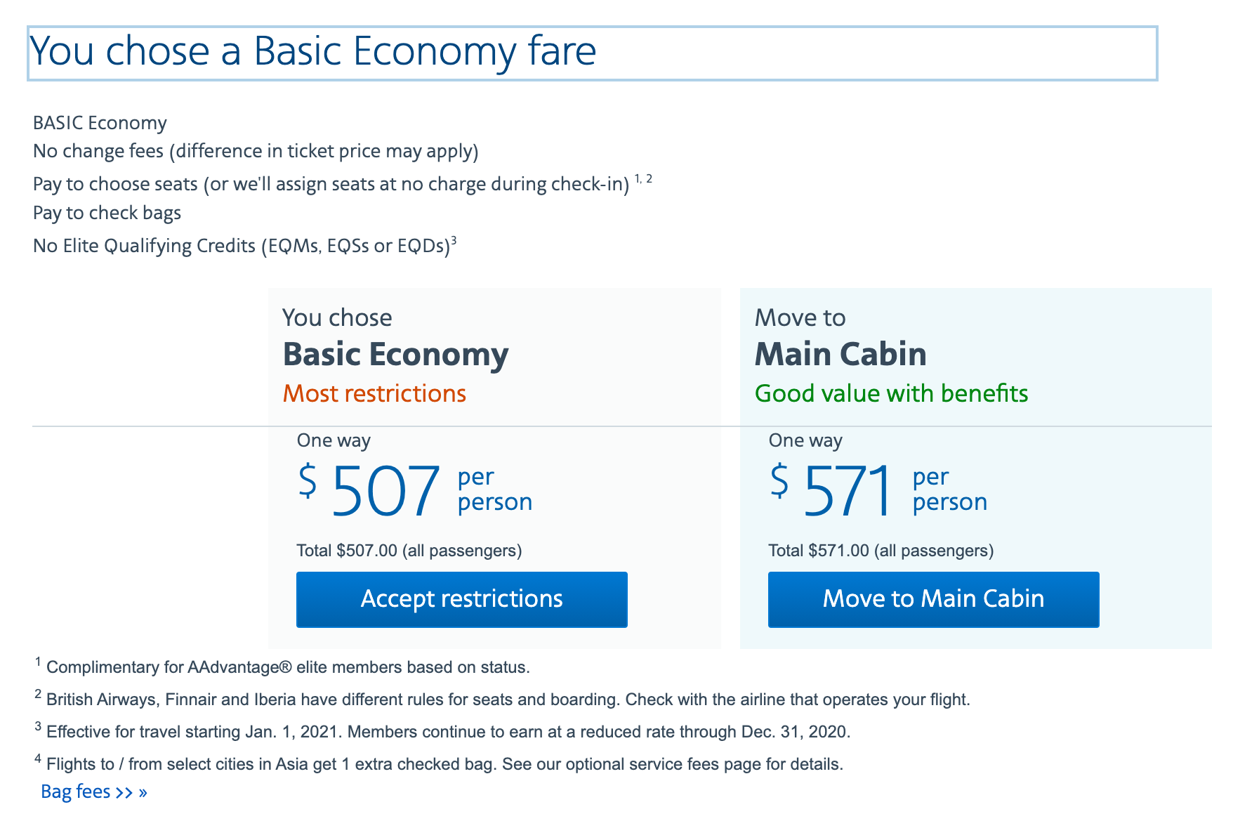 Basic economy fare difference on a sample JFK-CDG ticket (Screenshot courtesy of American Airlines)