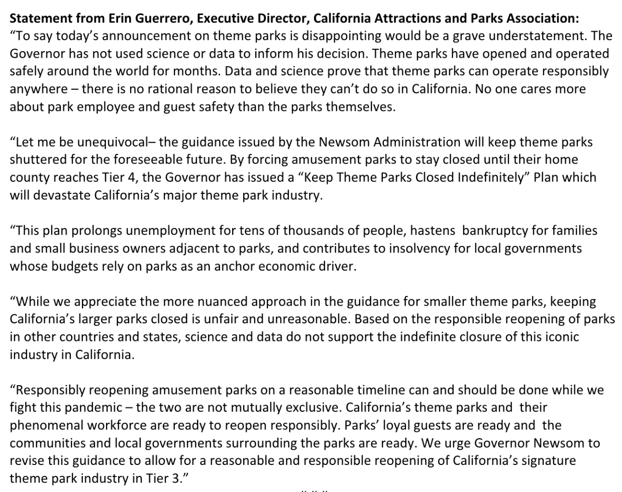 CAPA Theme Park Statement