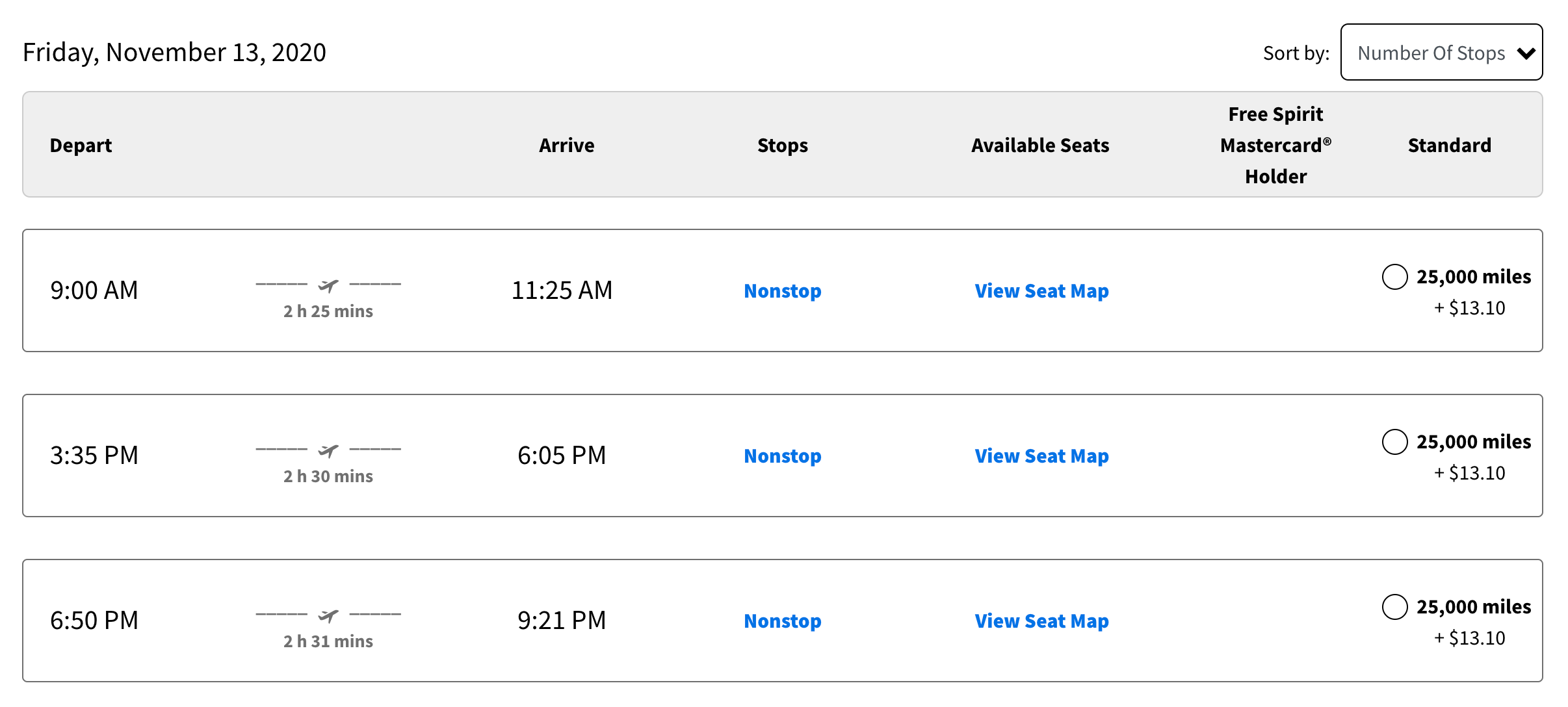 Award search results from Orlando to Newark on Spirit Airlines for November 2020