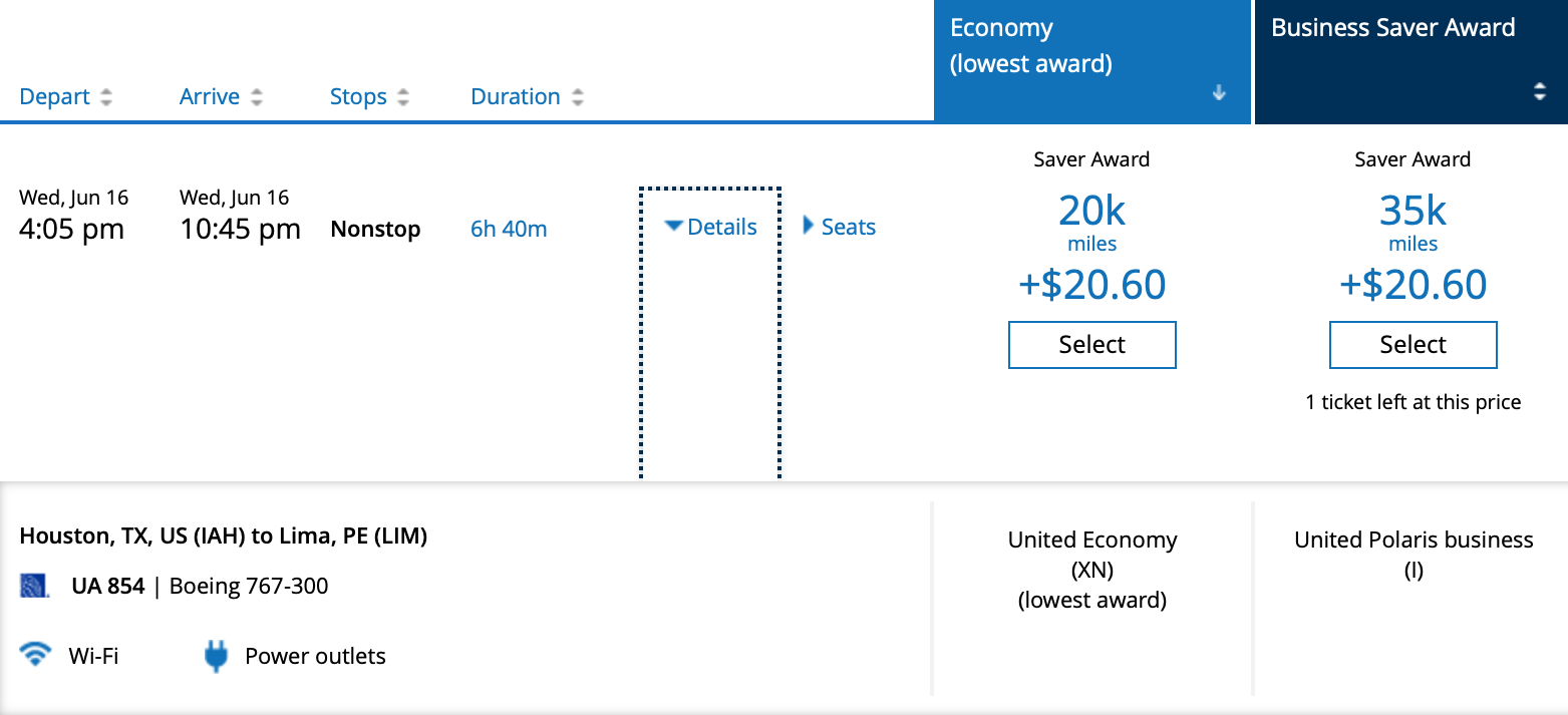 United IAH to LIM MileagePlus Pricing