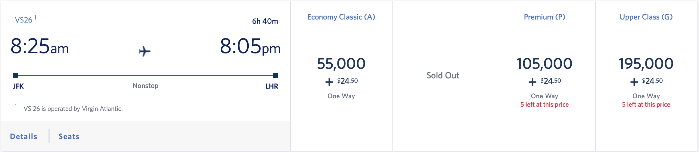Virgin Atlantic Award Pricing SkyMiles