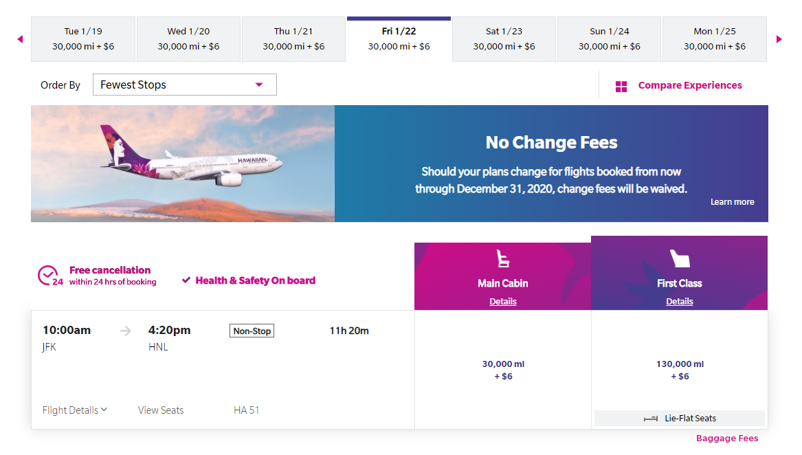 Hawaiian Airlines JFK-HNL example