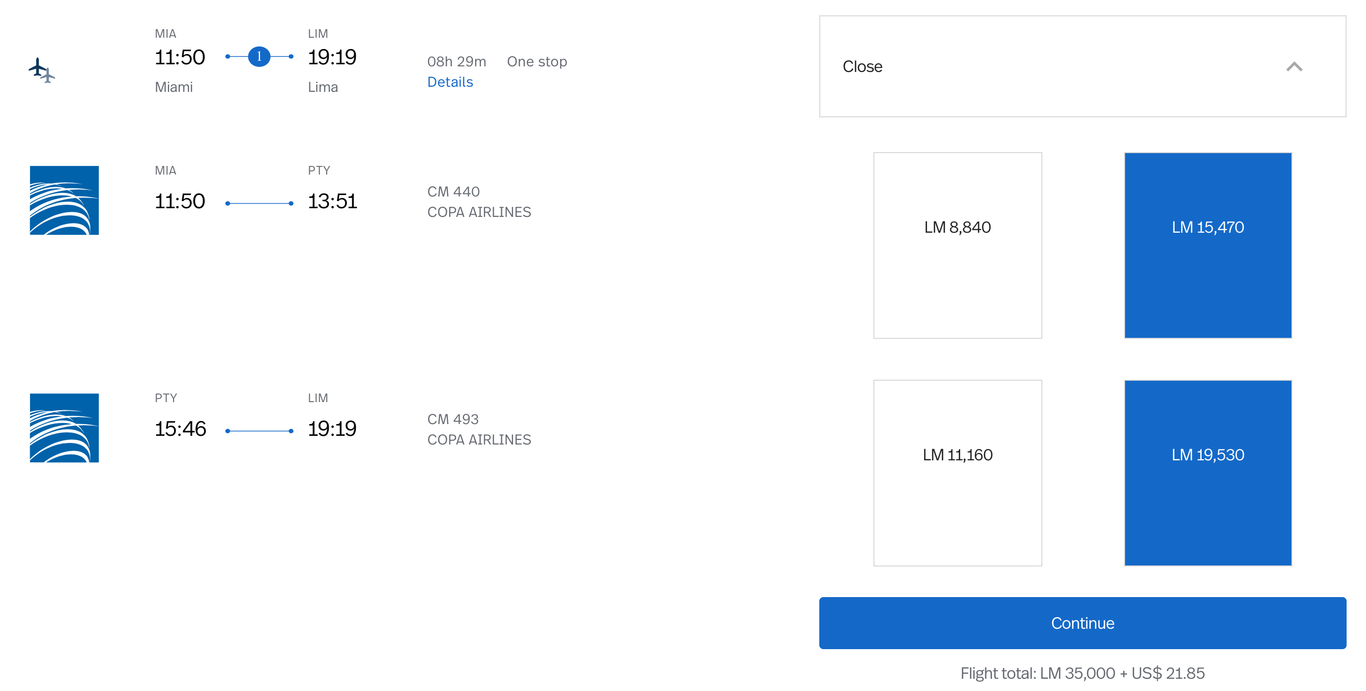 Copa Airlines Flights to Lima on Avianca LifeMiles Website