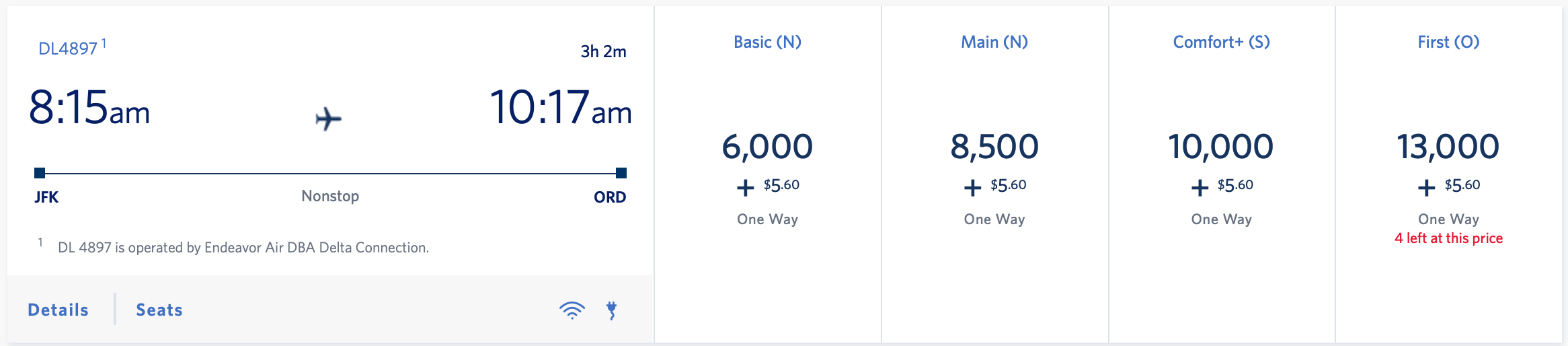 Delta SkyMiles Pricing NYC to Chicago