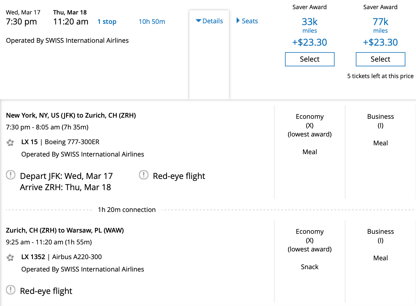 Example of Bookable Award Flight on United Website