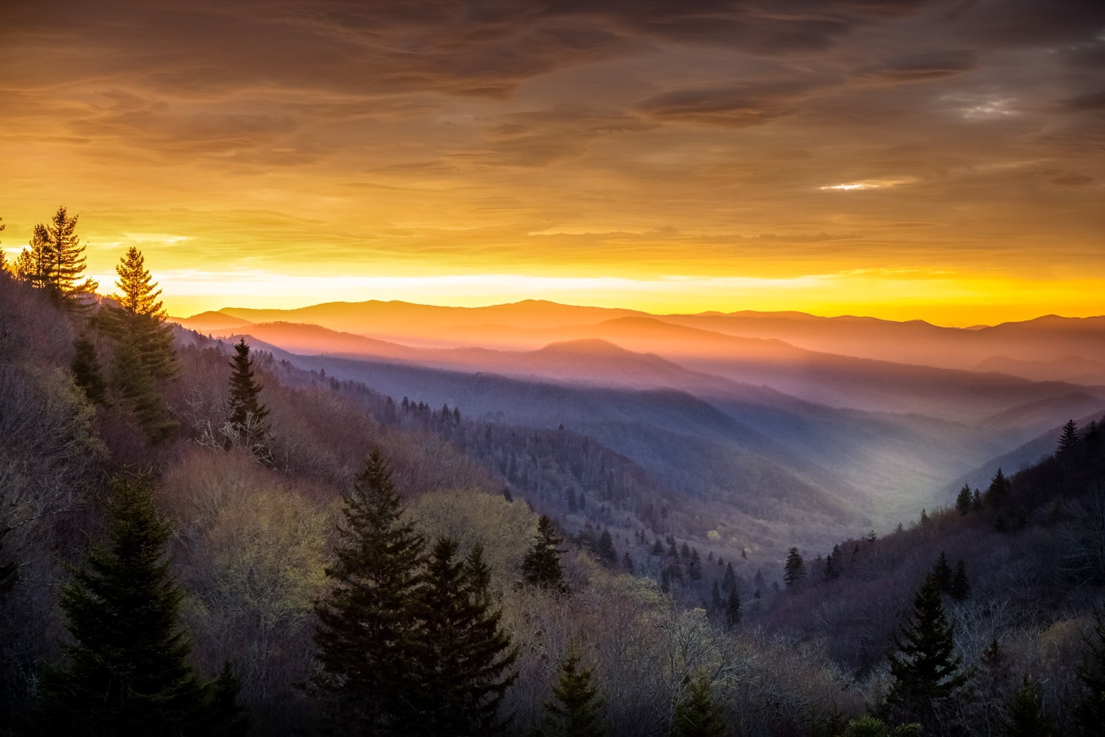 Sun sets over the Great Smoky Mountains National Park.