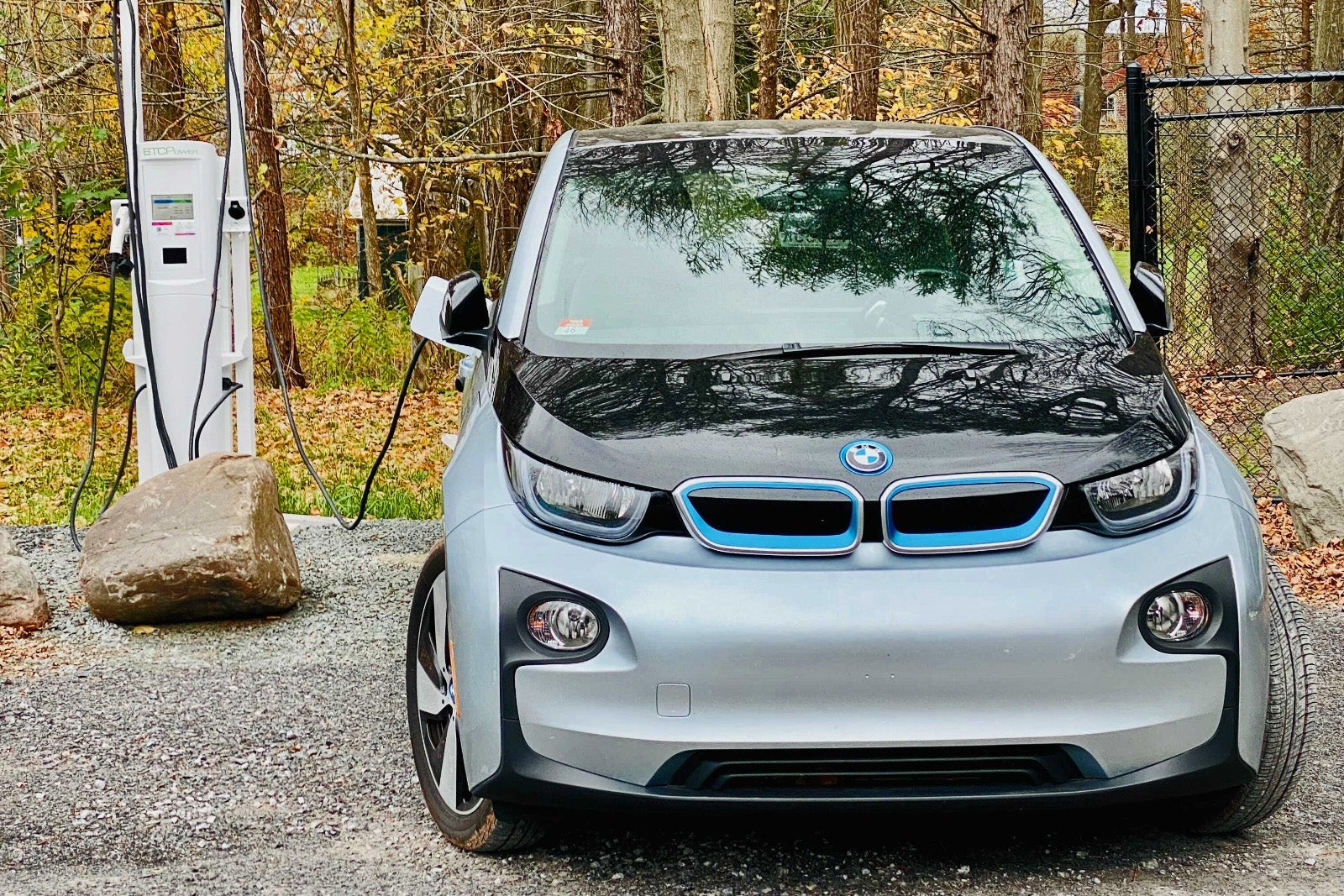 BMW i3 charging on a road trip