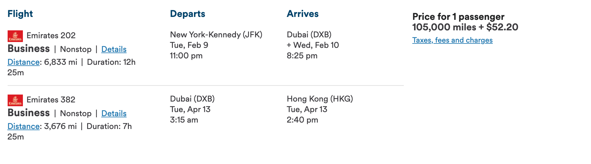 NYC to HKG via DXB Stopover Mileage Plan