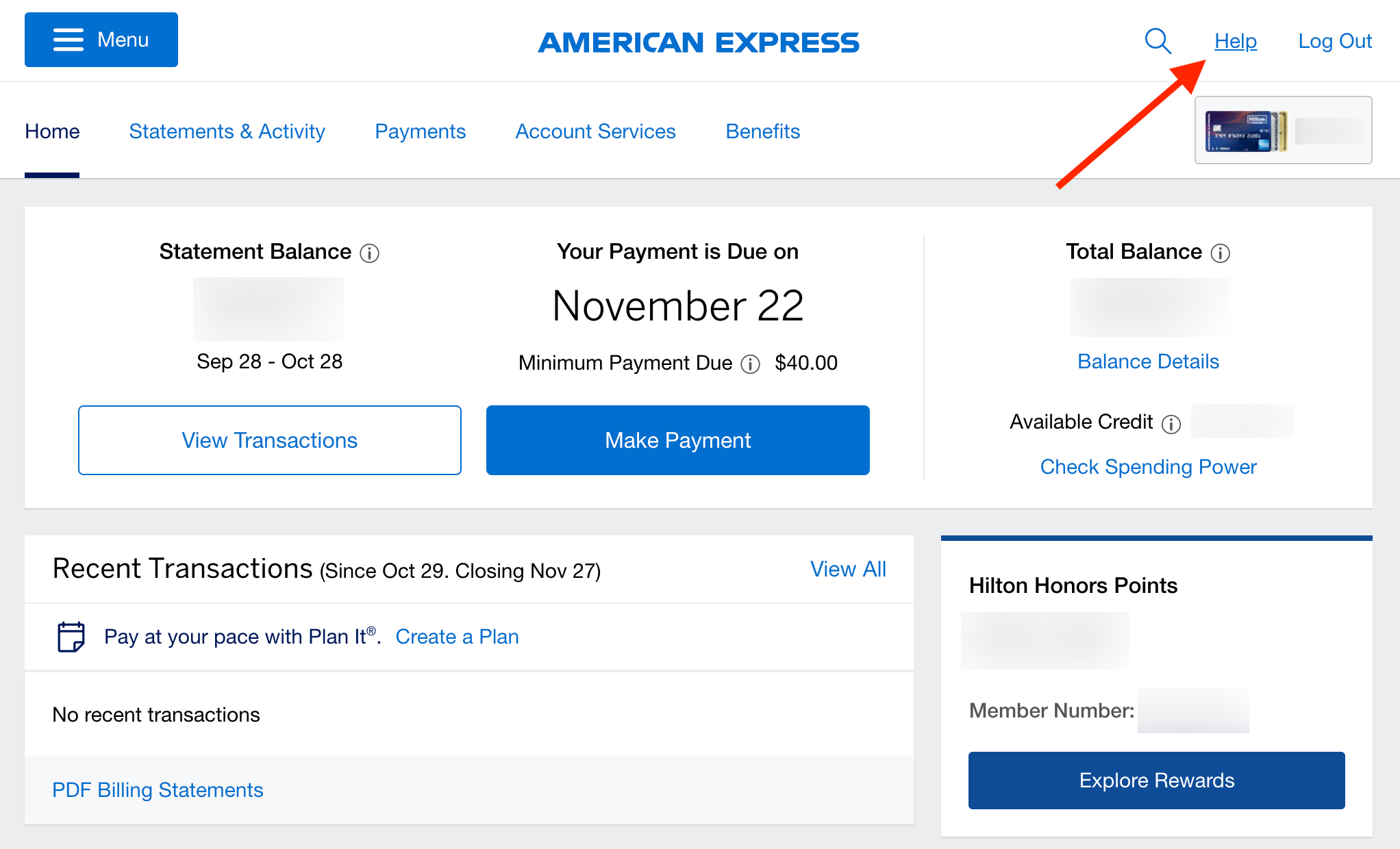 View of online Hilton Aspire account