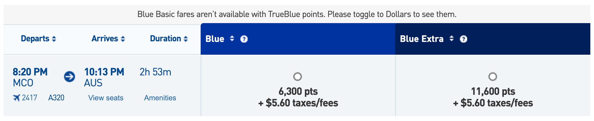 JetBlue award flight from Orlando to Austin