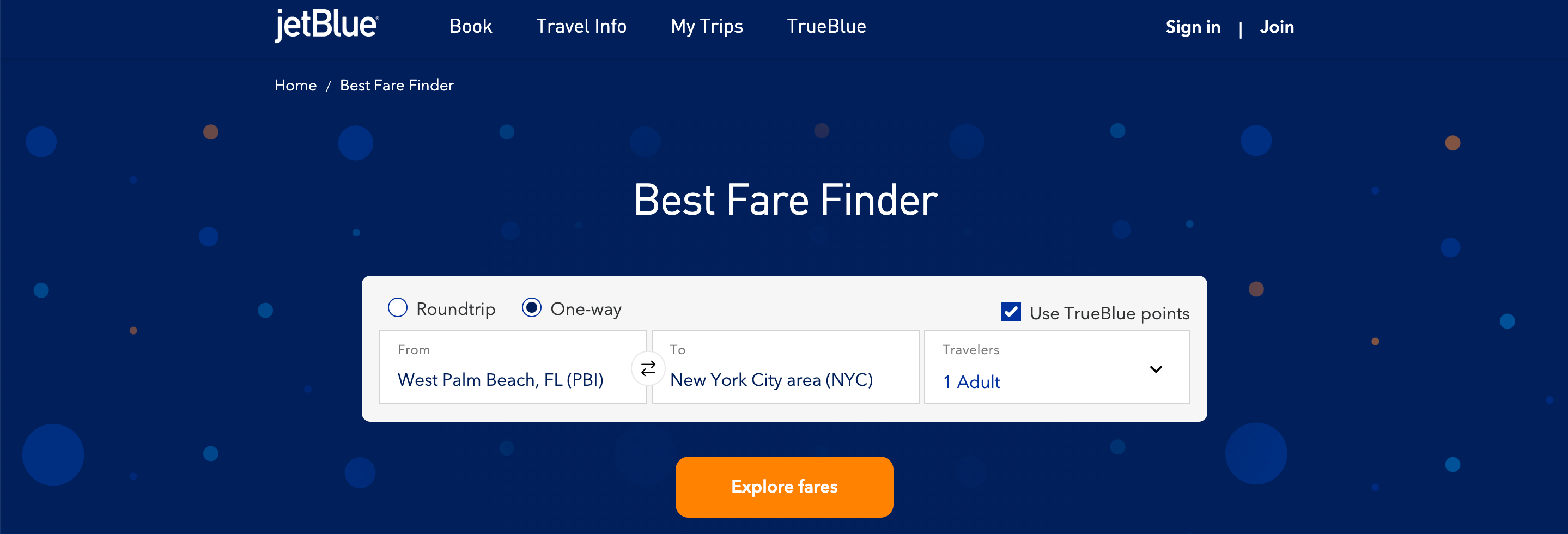 JetBlue's Best Fare Finder search tool
