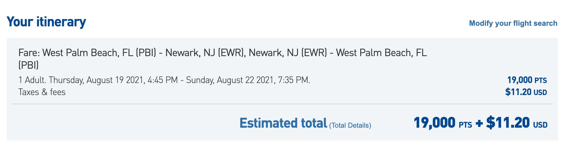 A sample JetBlue itinerary from West Palm Beach to Newark