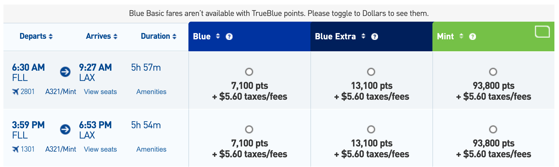 JetBlue Mint award flights from Fort Lauderdale to Los Angeles