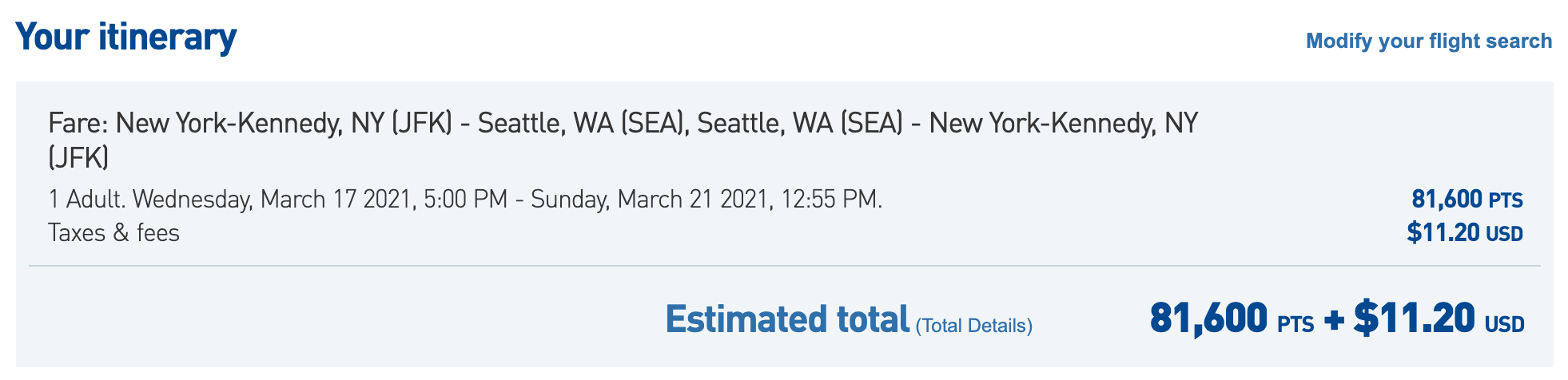JetBlue Mint itinerary from New York-JFK to Seattle in March 2021