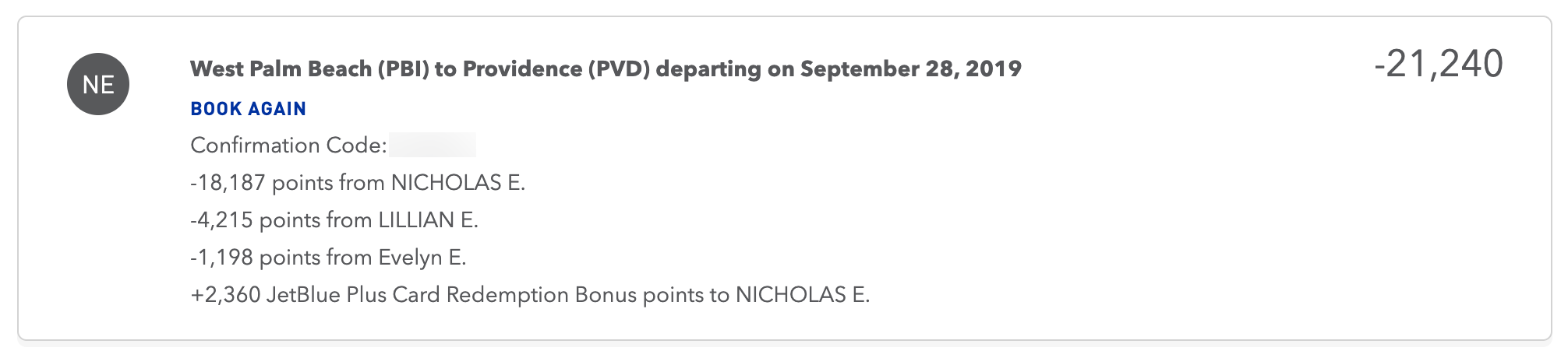 JetBlue account activity, showing redemption bonus from JetBlue Plus Card