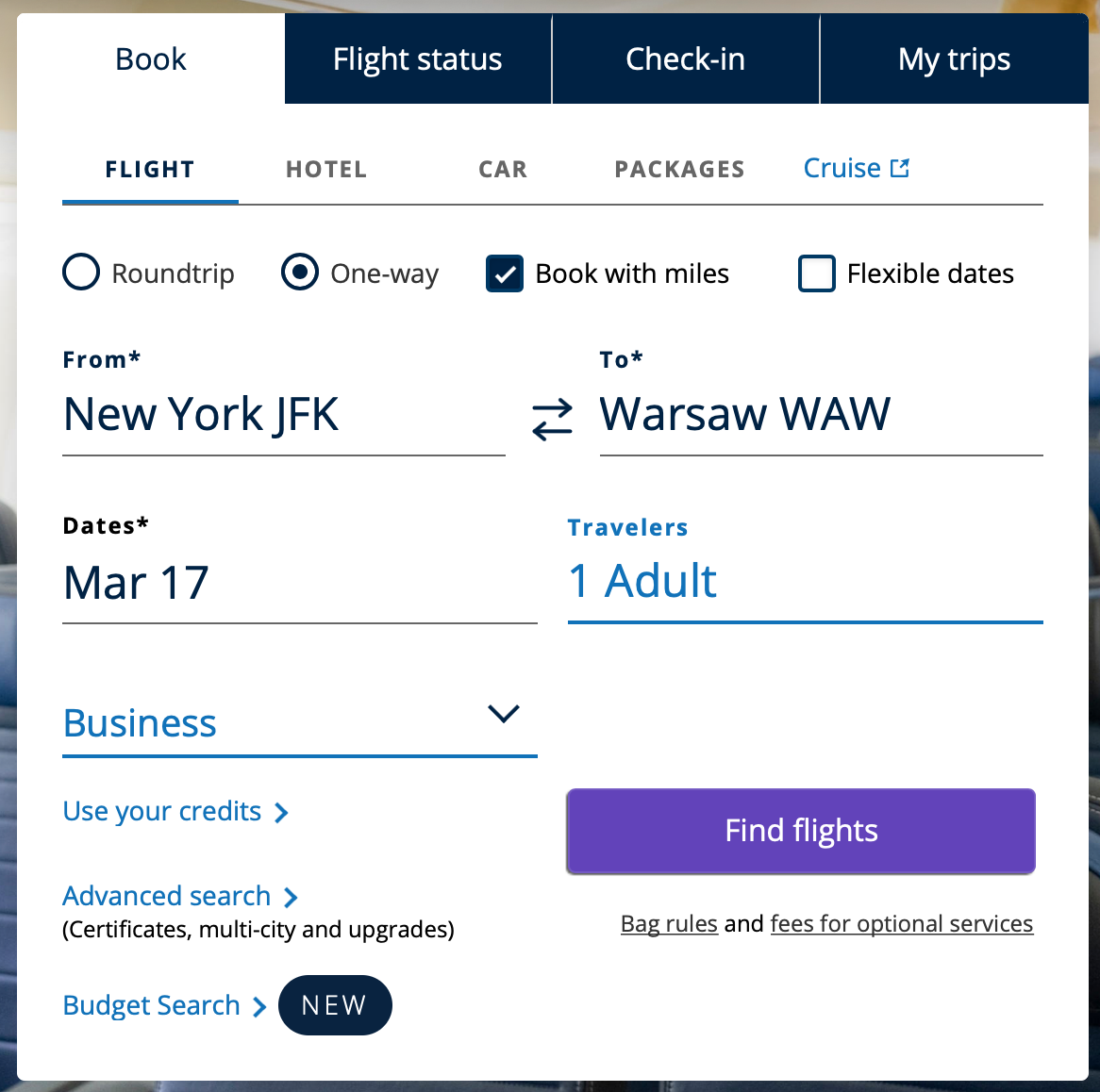 Searching for JFK-WAW Award Space on Uniteds Website