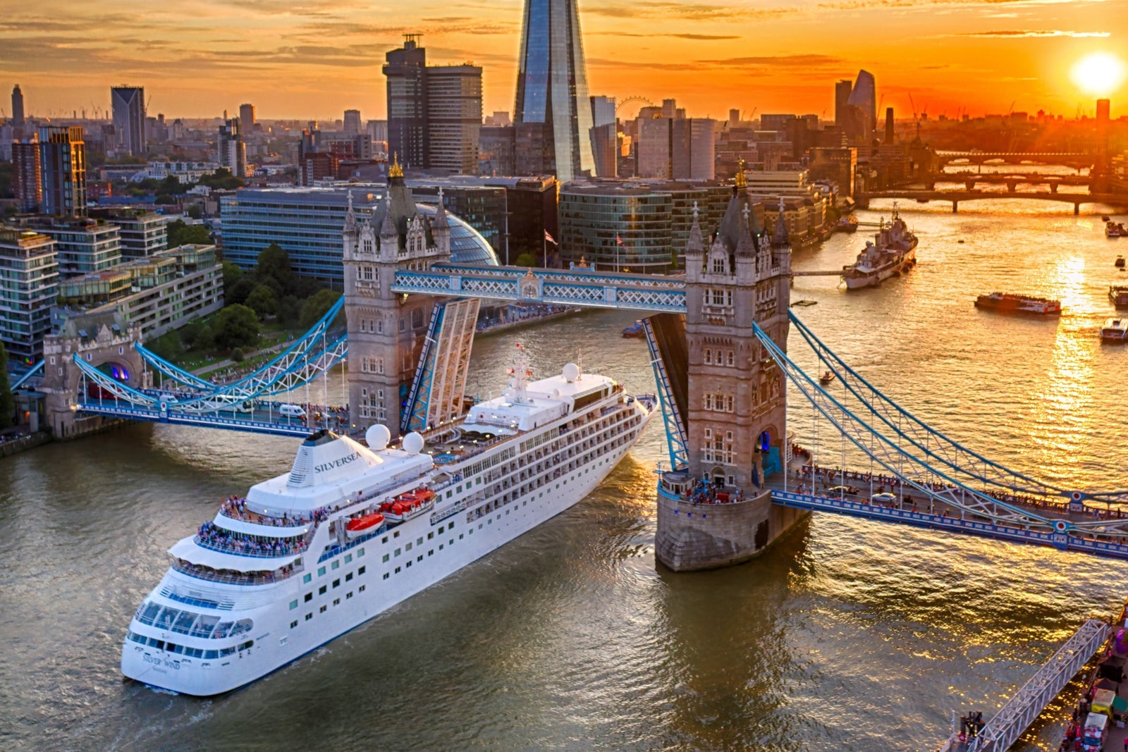Silversea Cruises ship in London during sunset