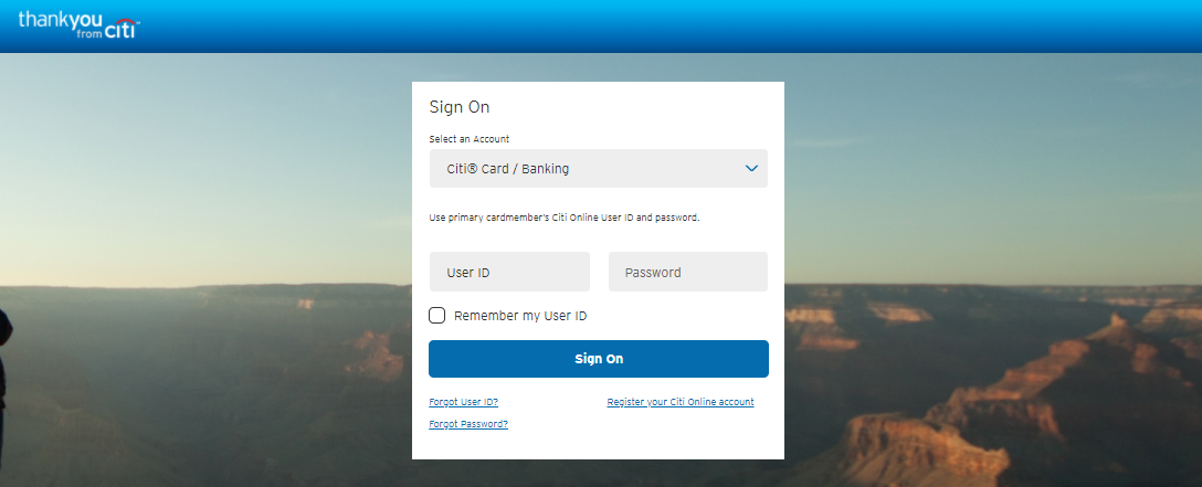 Citi ThankYou Rewards log in page
