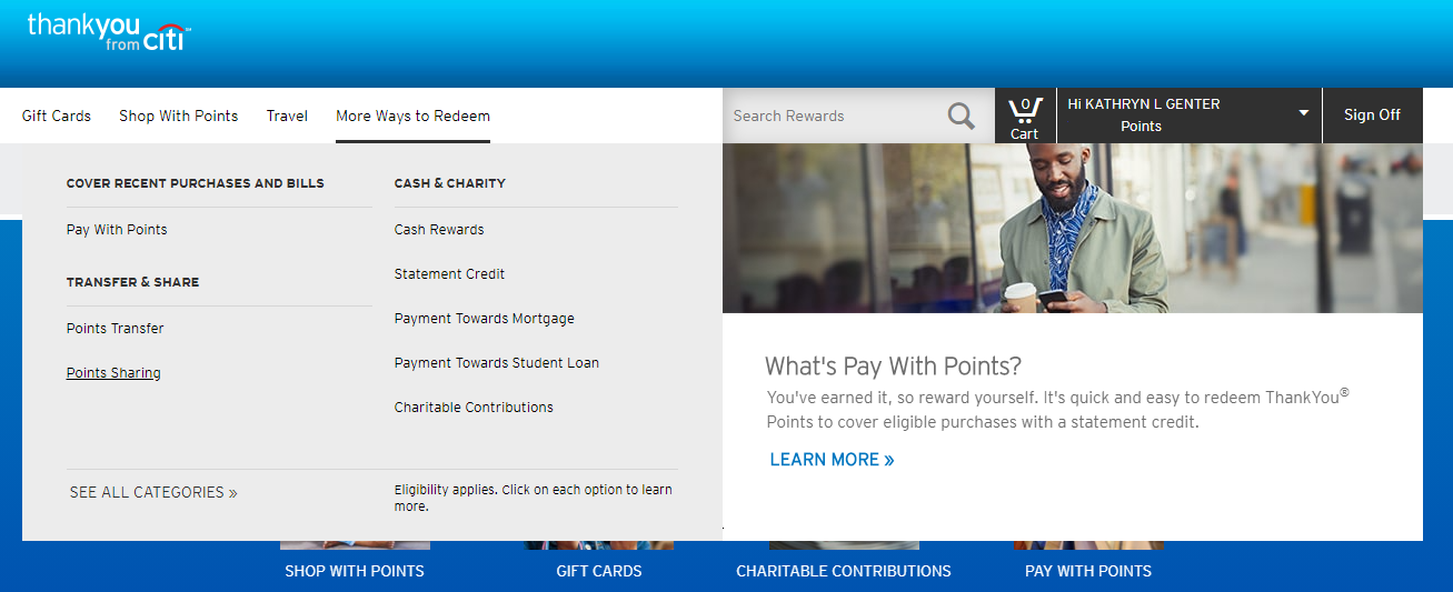 Citi ThankYou Rewards drop-down menu