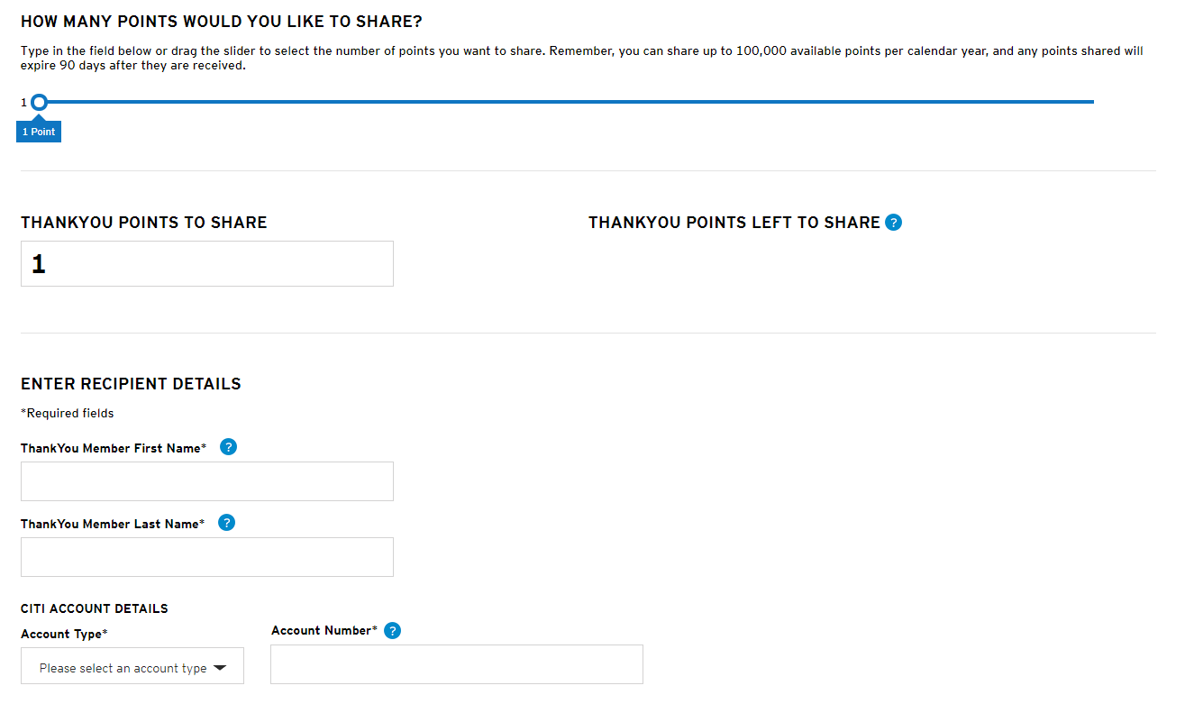 Citi ThankYou Rewards Points Sharing enter information