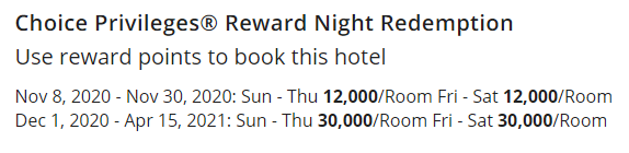 Reward night redemption chart