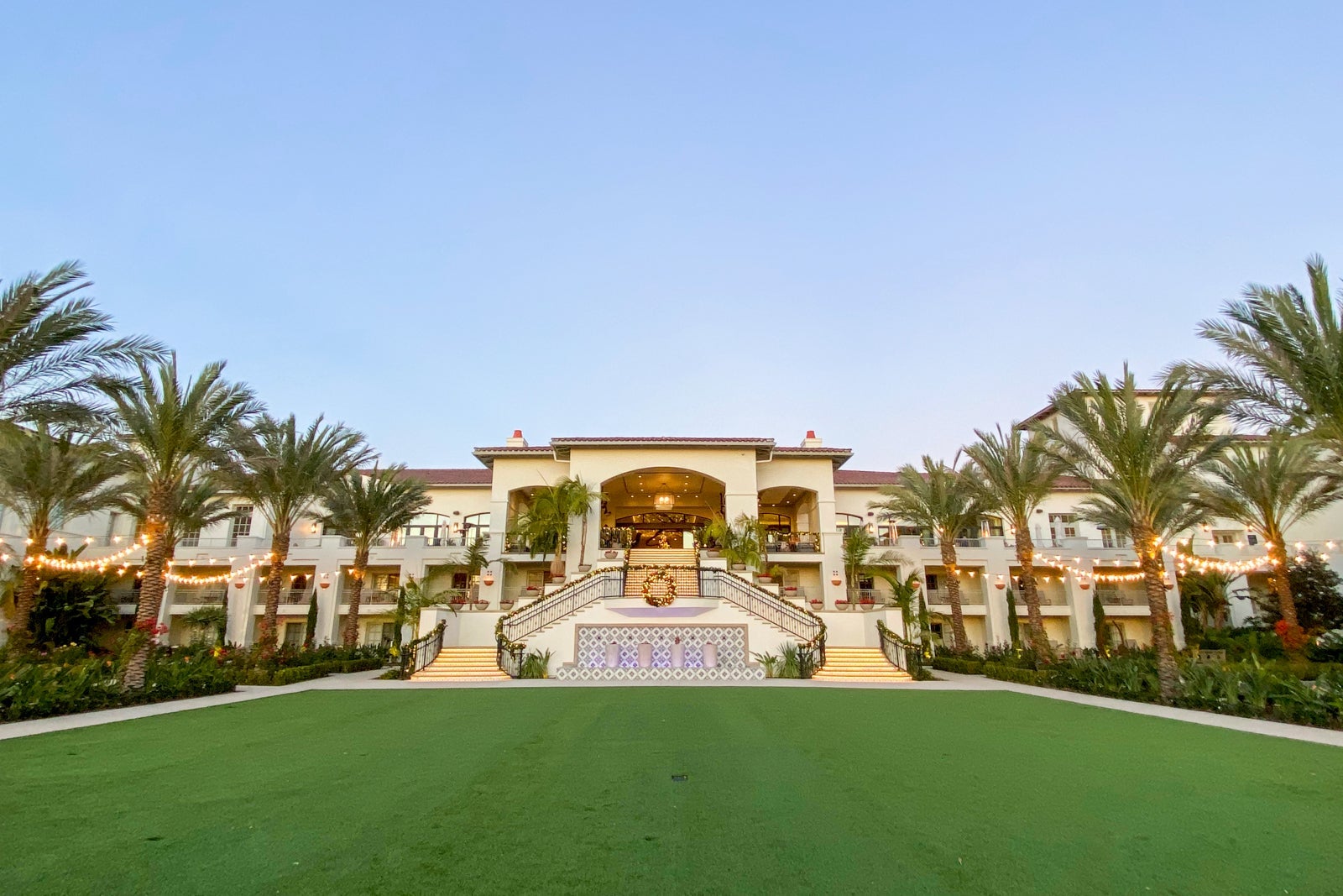 Exterior view over the lawn looking at the Park Hyatt Aviara in Carlsbad, CA.