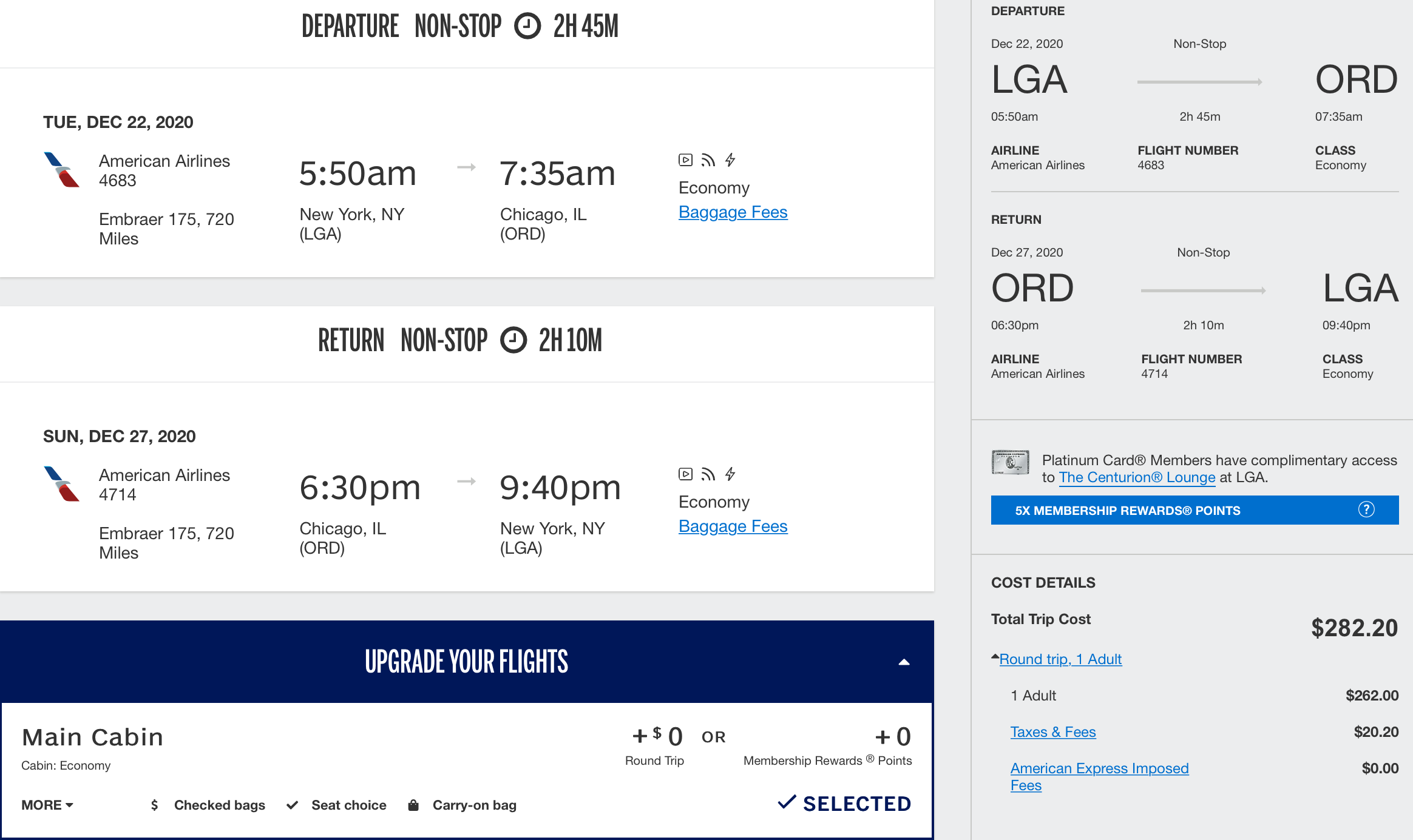 Amex Travel LGA to ORD Price