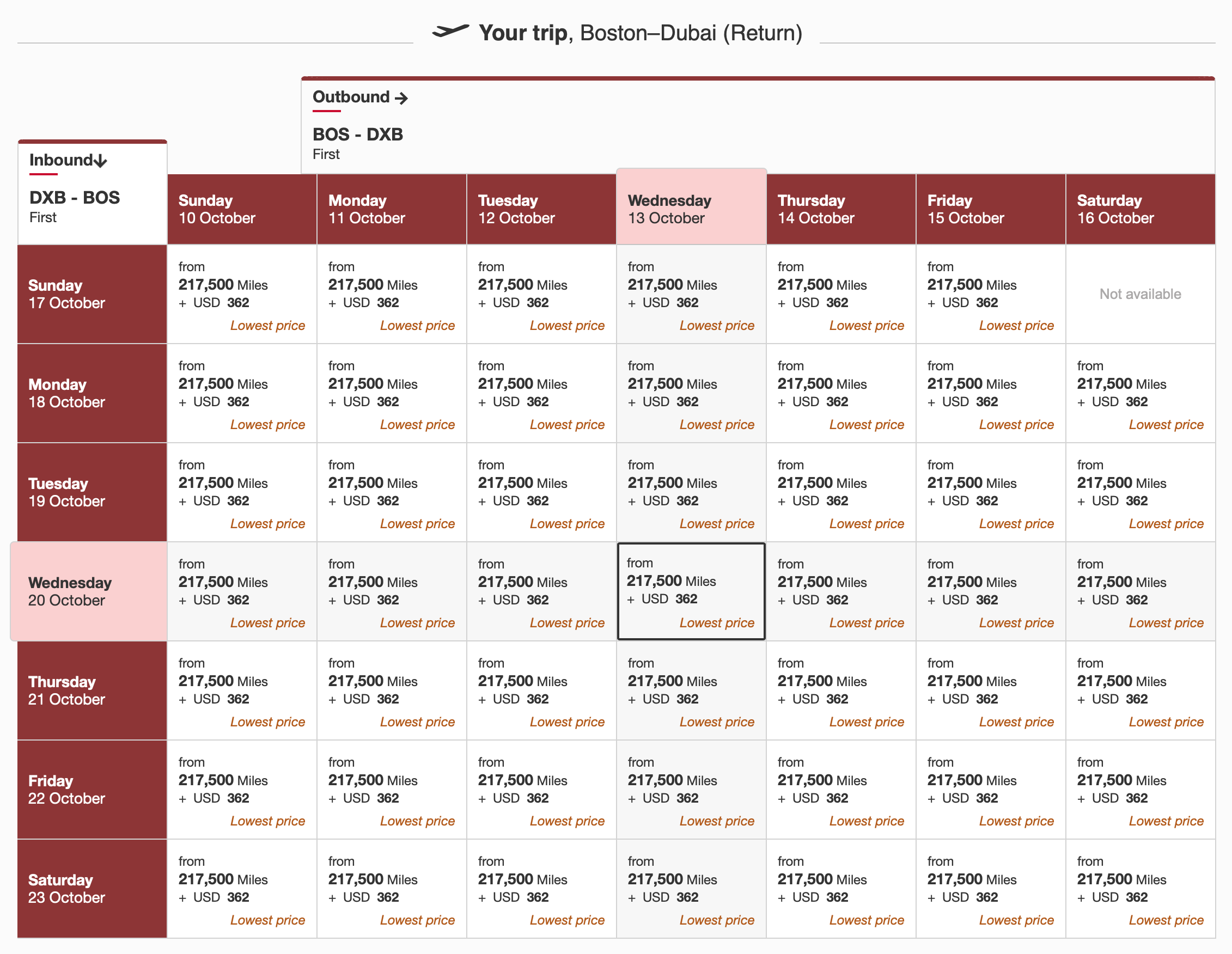 Boston to Dubai Emirates First Award Space November 2021