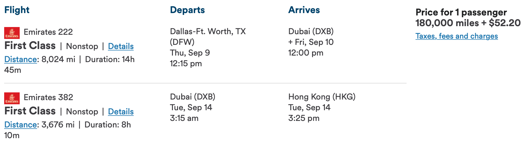 DFW to DXB to HKG Alaska Award Ticket