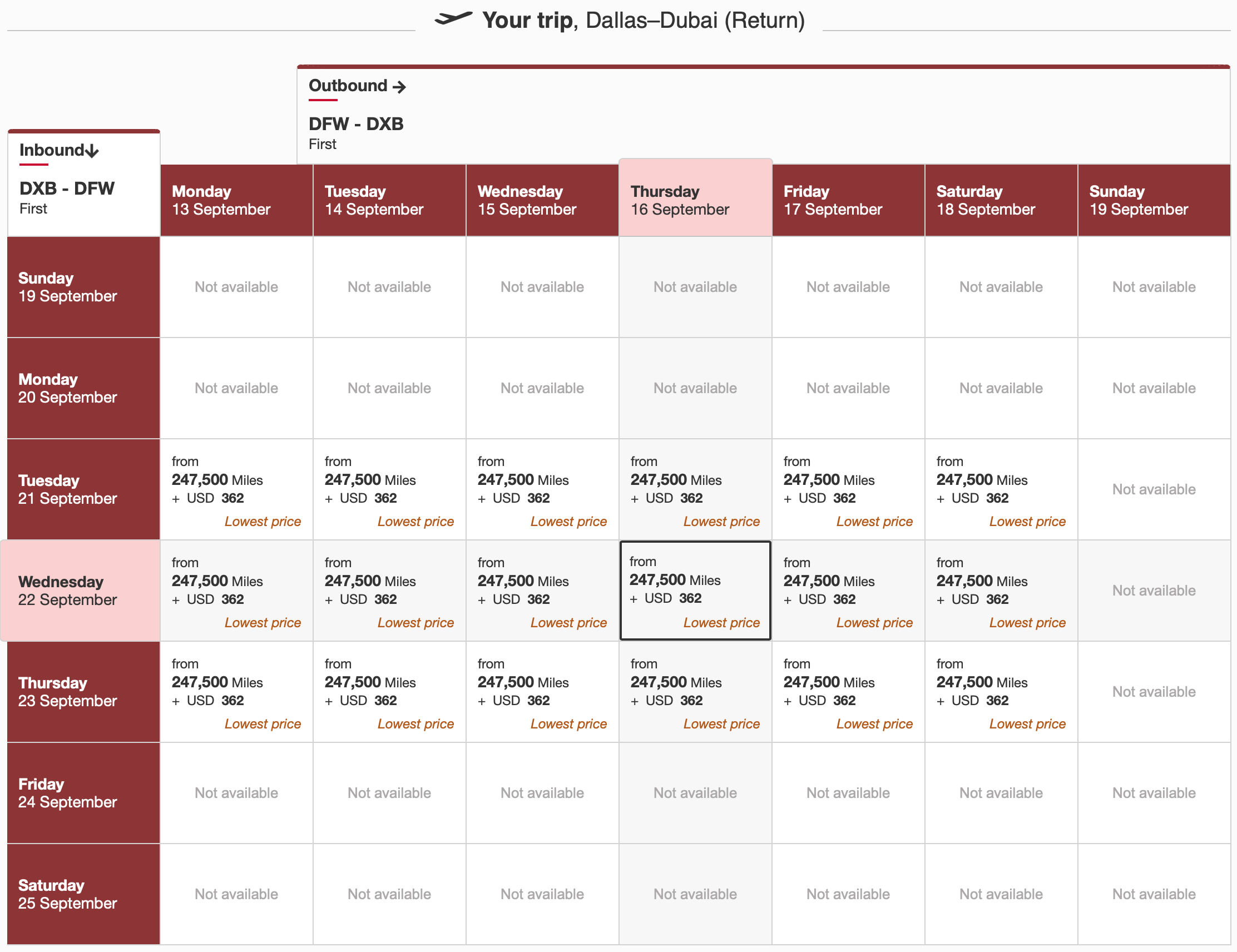 Dallas to Dubai Emirates First Award Space September