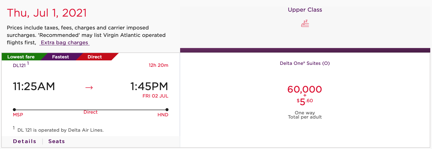 Delta MSP HND Pricing Virgin Atlantic Flying Club Price