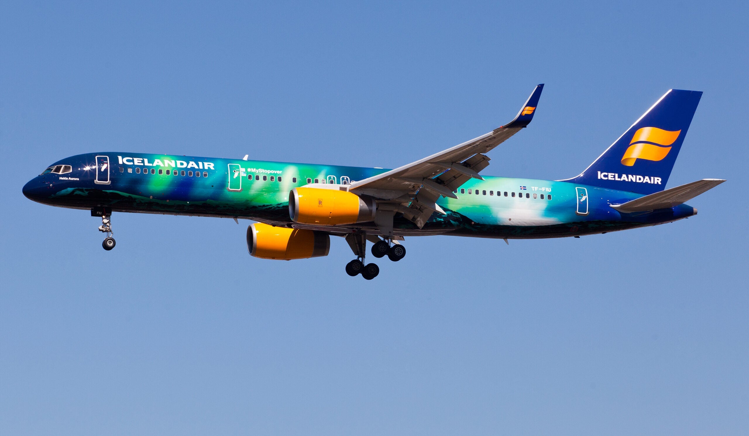 A Boeing 757-200 aircraft of Icelandair featuring colourful painting prepares for its touchdown at the airport in Frankfurt am Main, Germany, 15 April 2015. Hekla is a traditional Icelandic name for females and the name of an Icelandic volcano; Aurora refers to the Northern Lights. Photo: Christoph Schmidt/dpa | usage worldwide (Photo by Christoph Schmidt/picture alliance via Getty Images)