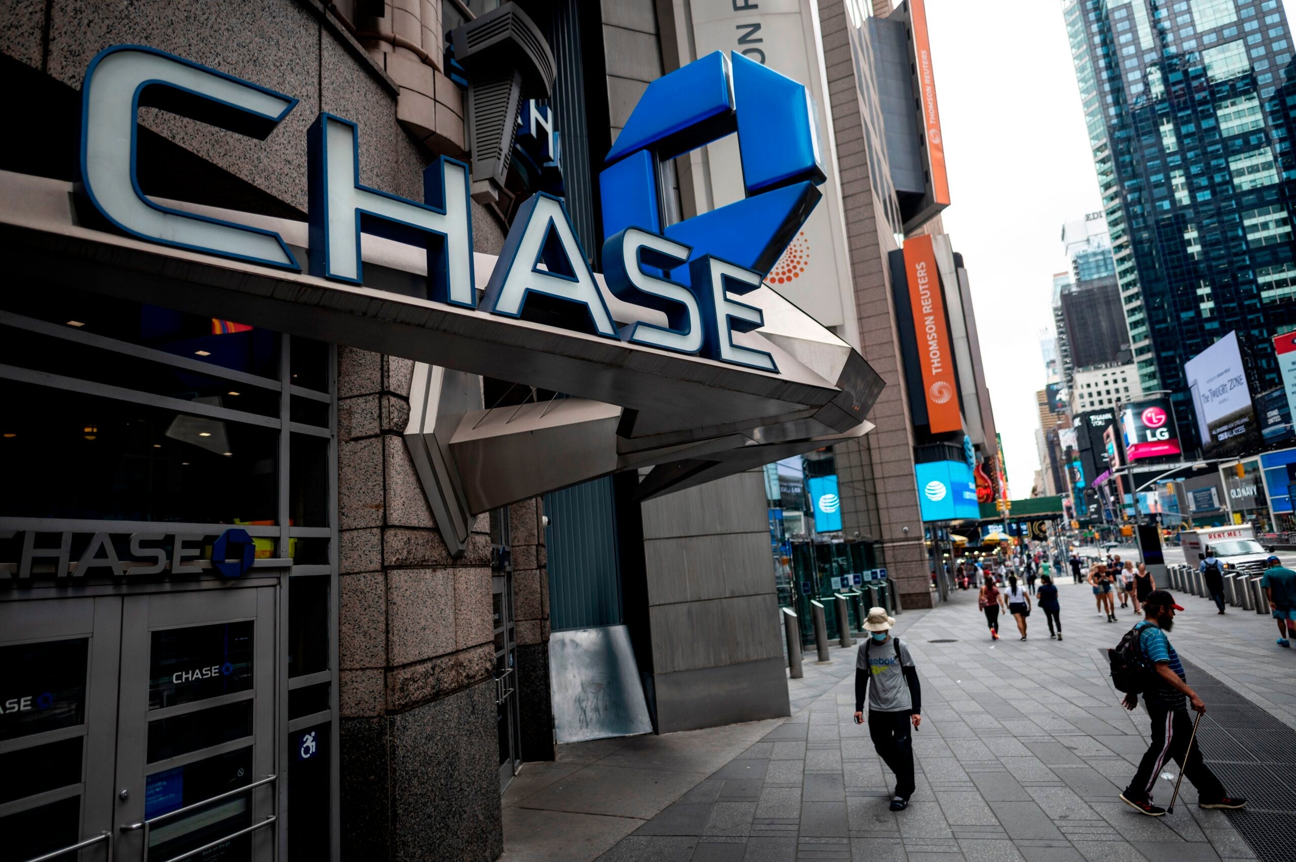 The logo of Chase bank is seen in a branch near Times Square in Manhattan on June 30, 2020 in New York City. (Photo by Johannes EISELE / AFP) (Photo by JOHANNES EISELE/AFP via Getty Images)