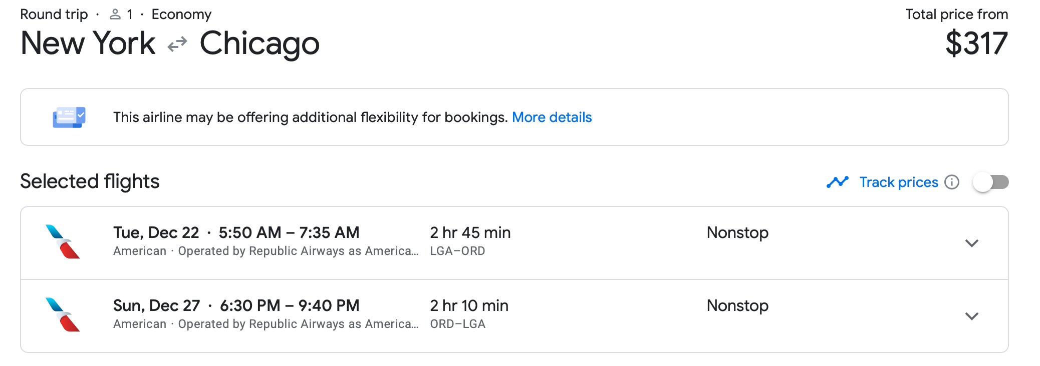 Google Flights LGA to ORD Price