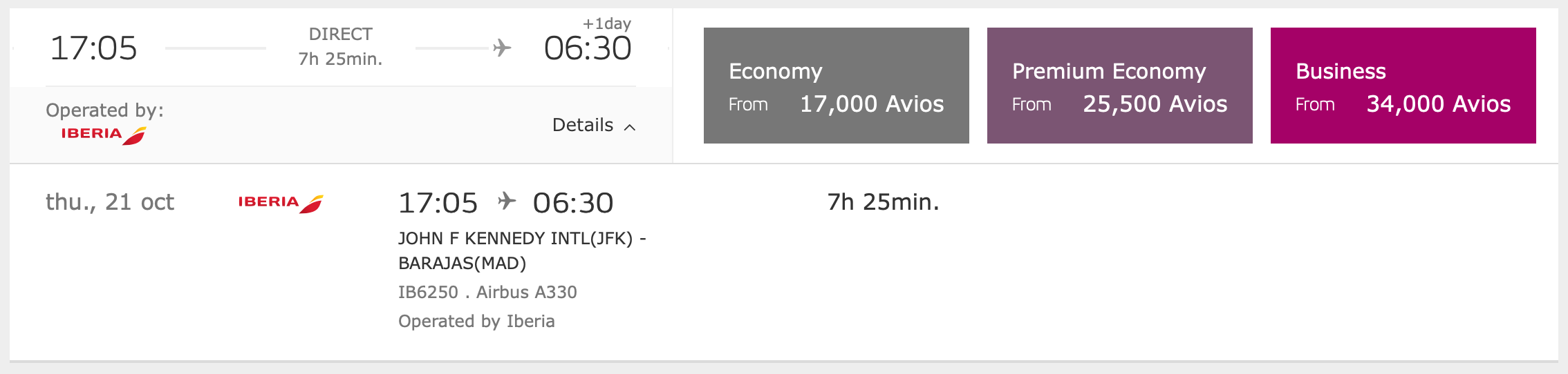 Iberia JFK to MAD Award Pricing