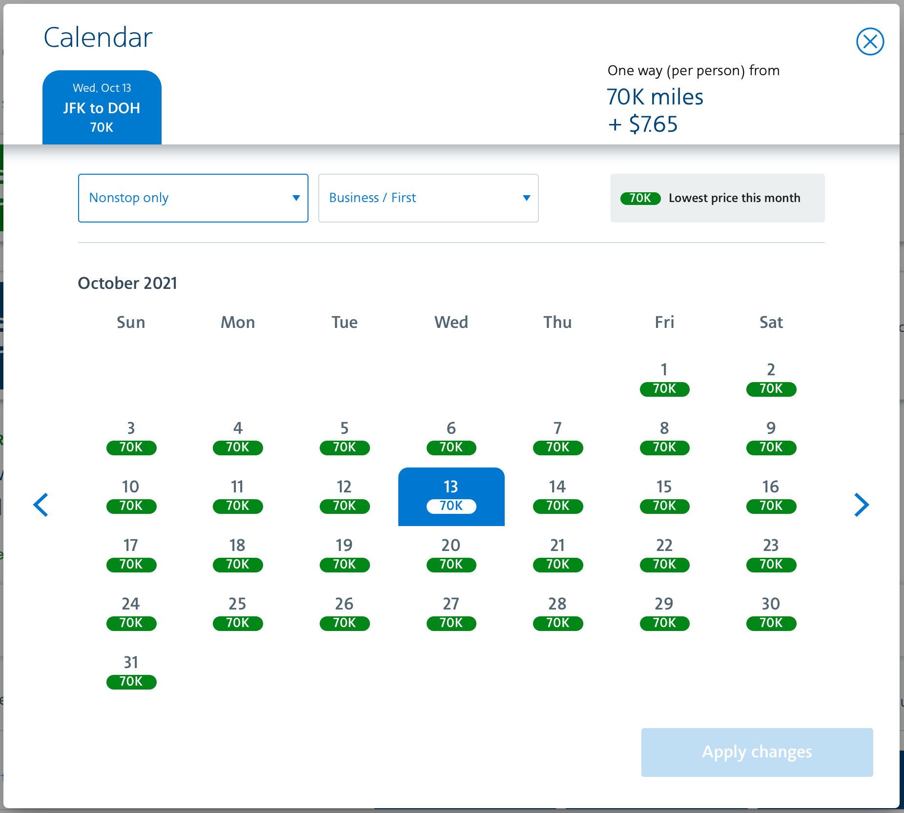 JFK to DOH Calendar View on AA.com