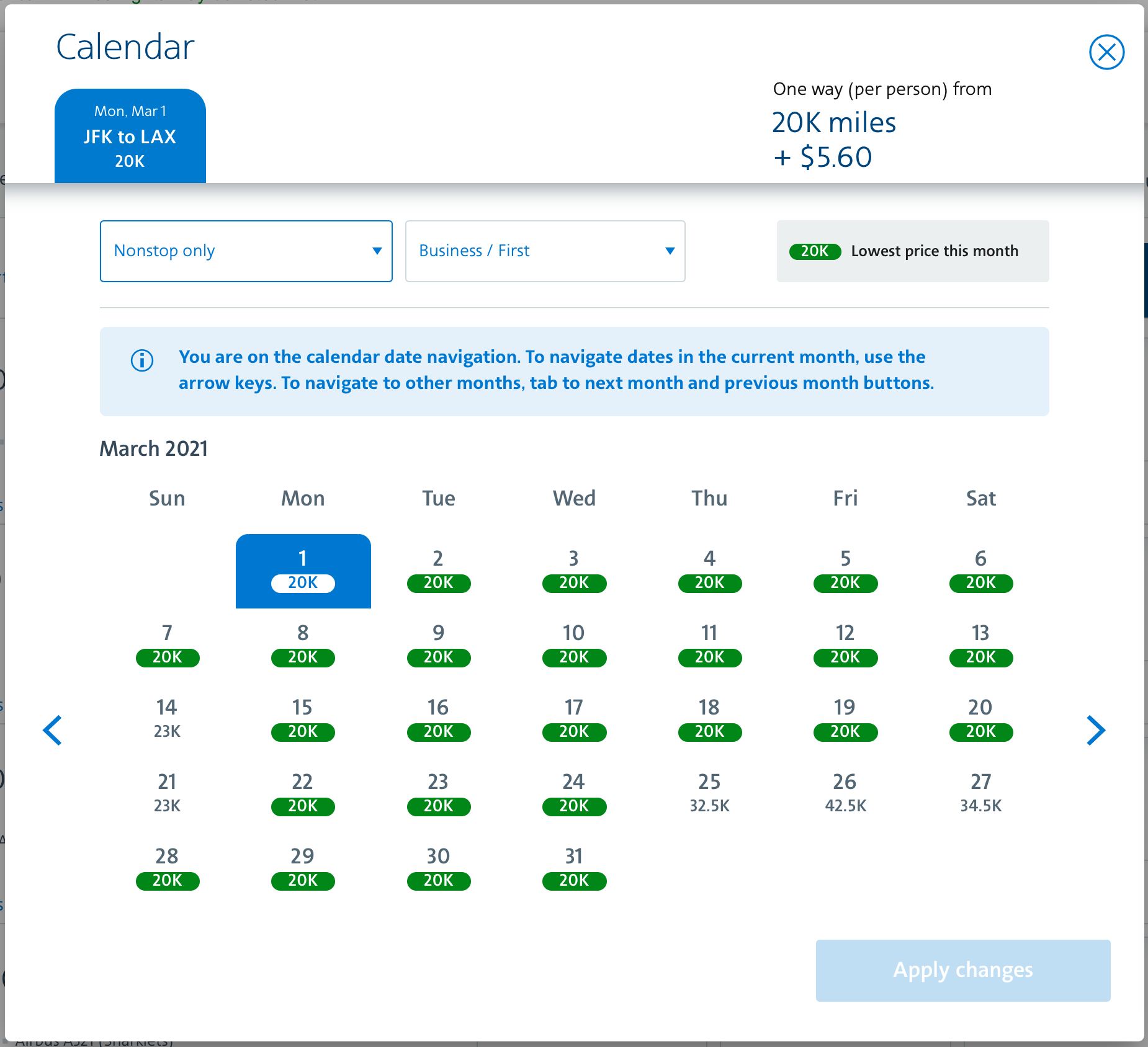 JFK to LAX American Award Space in March